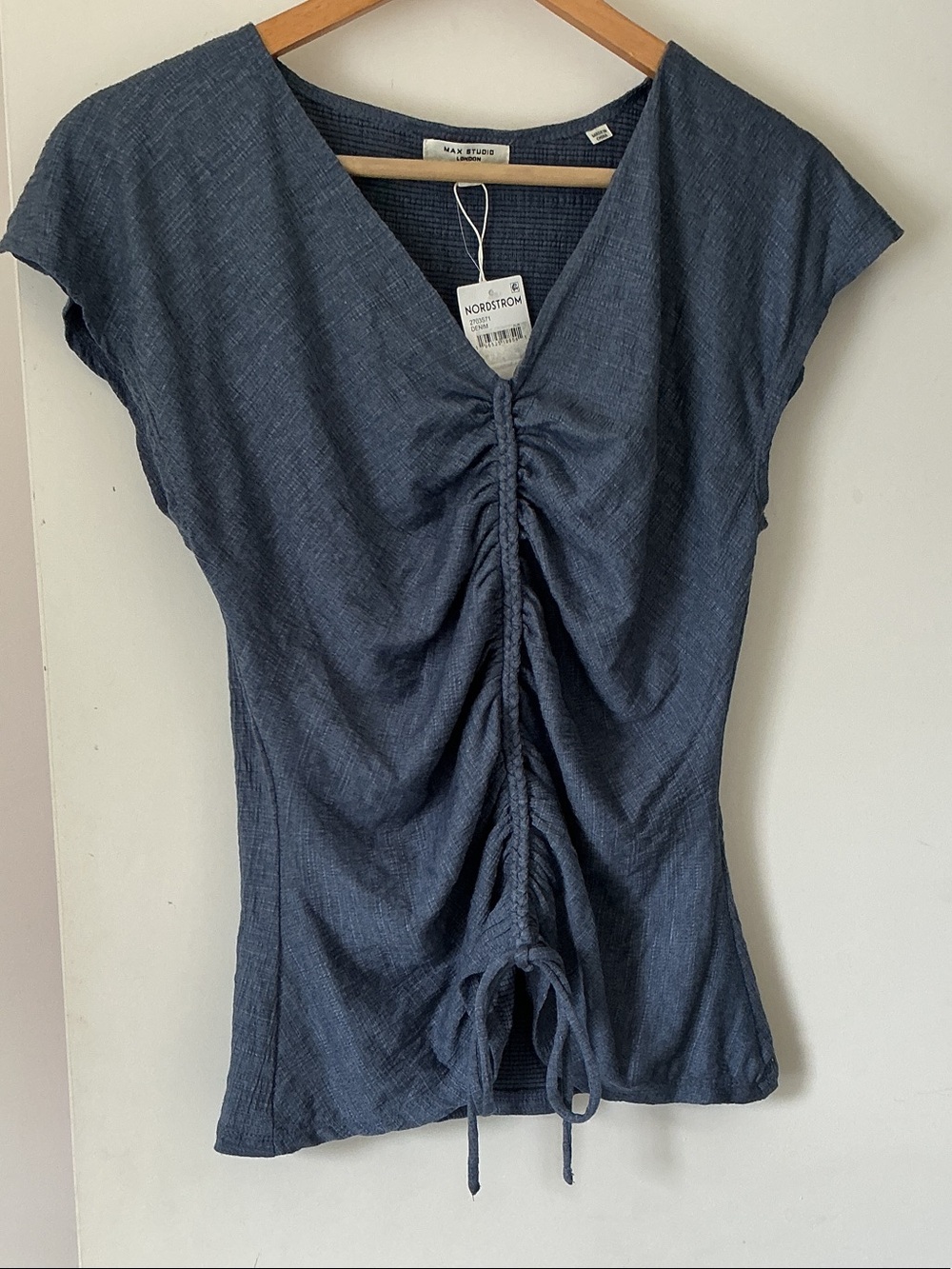 MAX STUDIO Denim color Gathered-Front Ruched Cap-Sleeve Crop Top